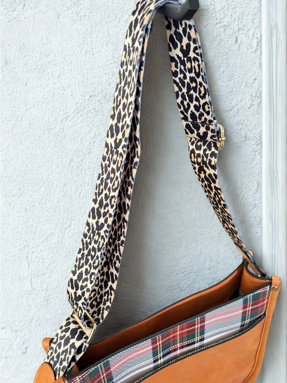 Cognac Brown Faux Leather Hobo Bag with Leopard Canvas Guitar Strap